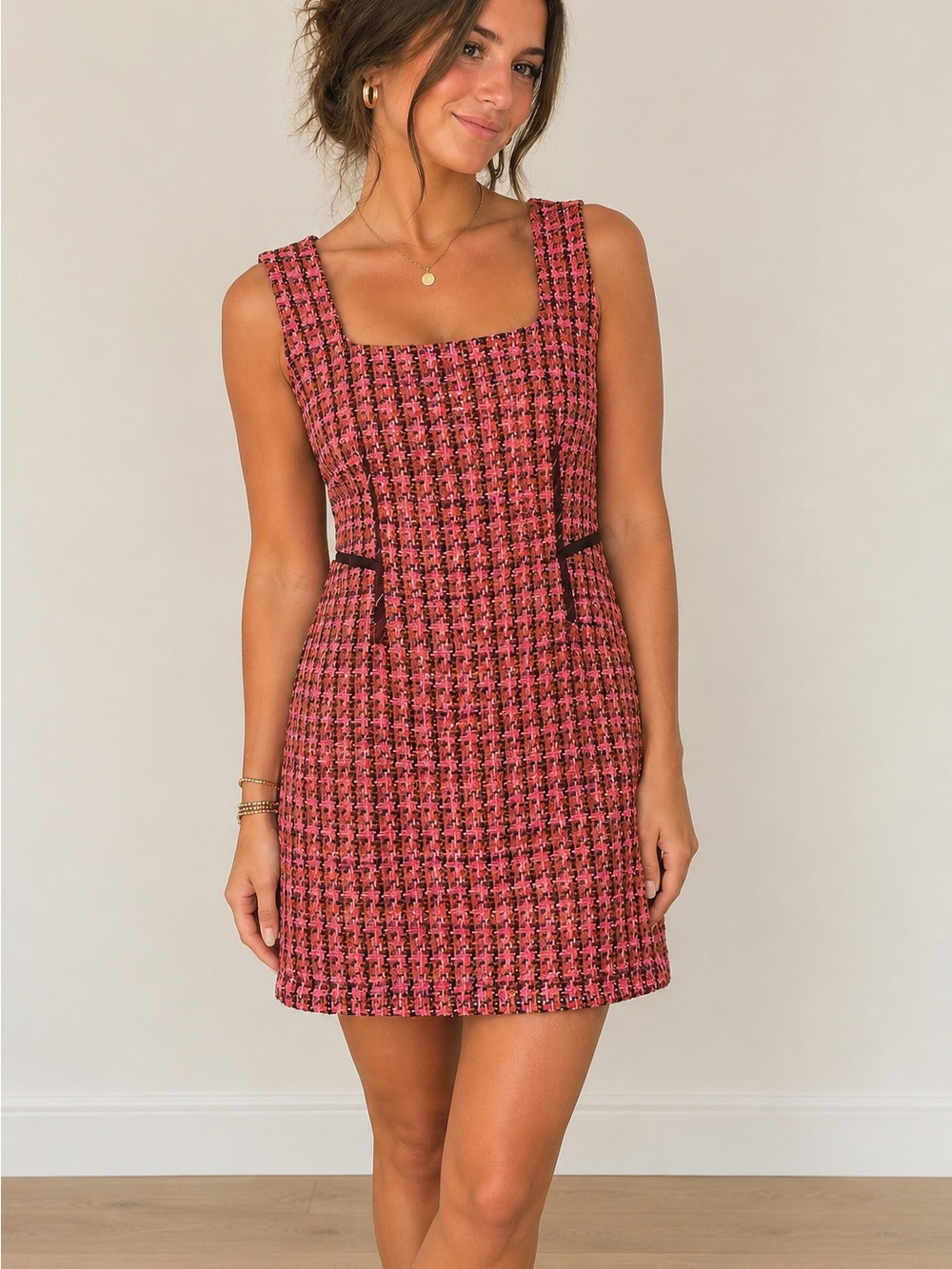 Maeve by Anthropologie Vintage Style Tweed Plaid Jumper Dress Coral US 2P XS